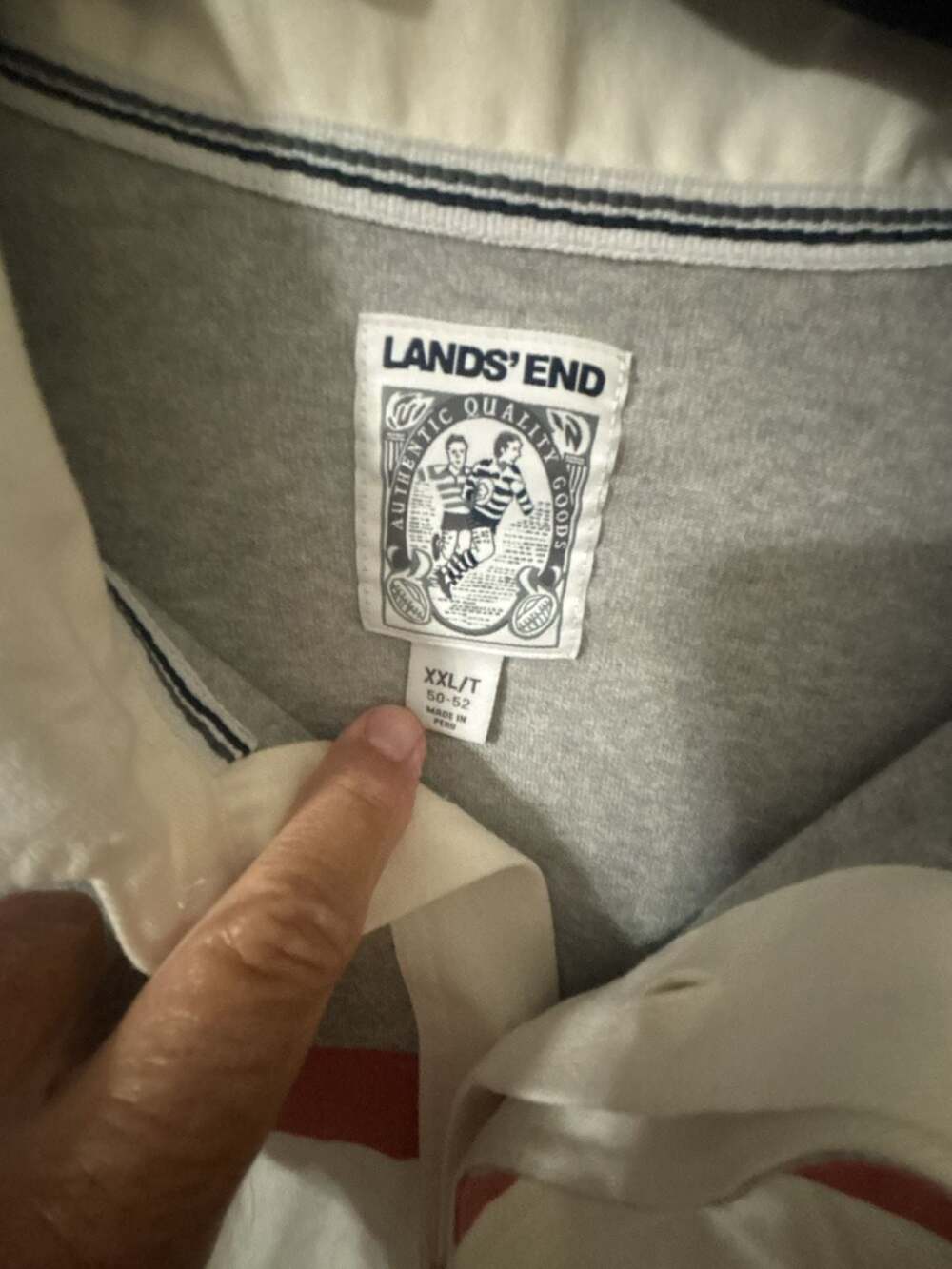 Lands' End Long Sleeve Rugby Shirt - Grey, White, Red, and Navy Striped